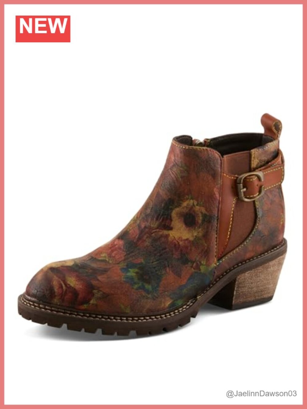 Hand-Painted Leather Ankle Boots Floral Artisan Booties Low Stacked Heel
